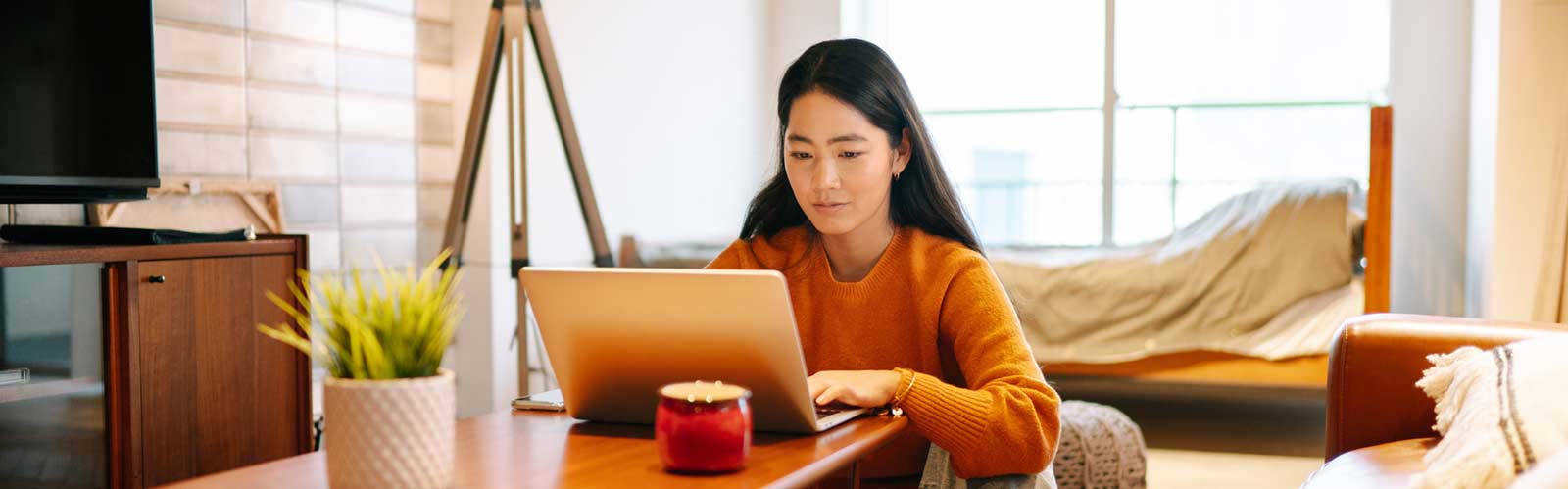 a woman in her living room viewing her laptop